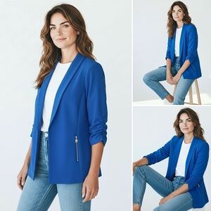 Anne Klein Open Front Blazer Shawl Collar Lapel 3/4 Ruched Sleeve Zip Pockets